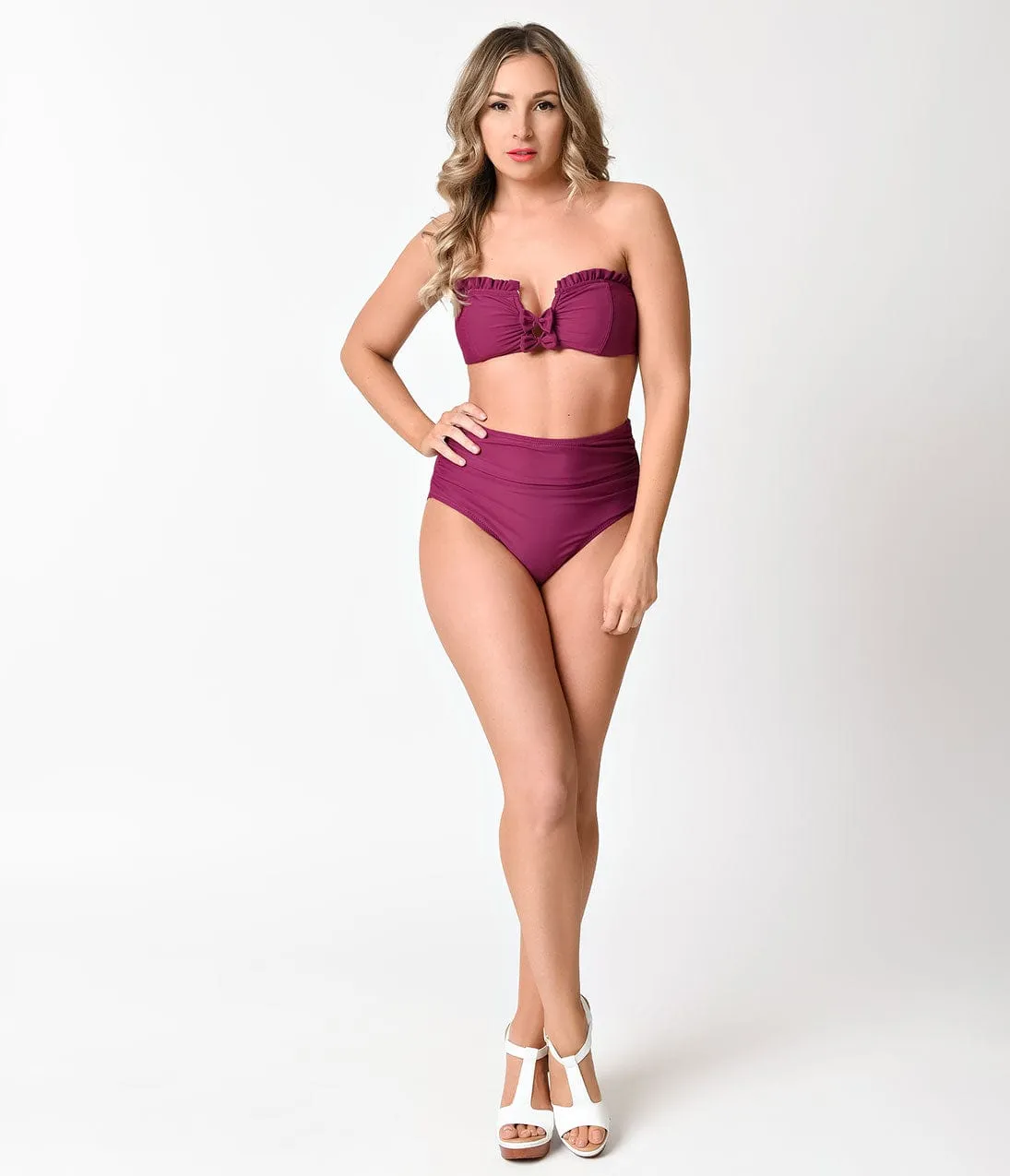 Betsey Johnson Retro Style Plum Purple Malibu High Waist Swim Bottom sold by Unique Vintage