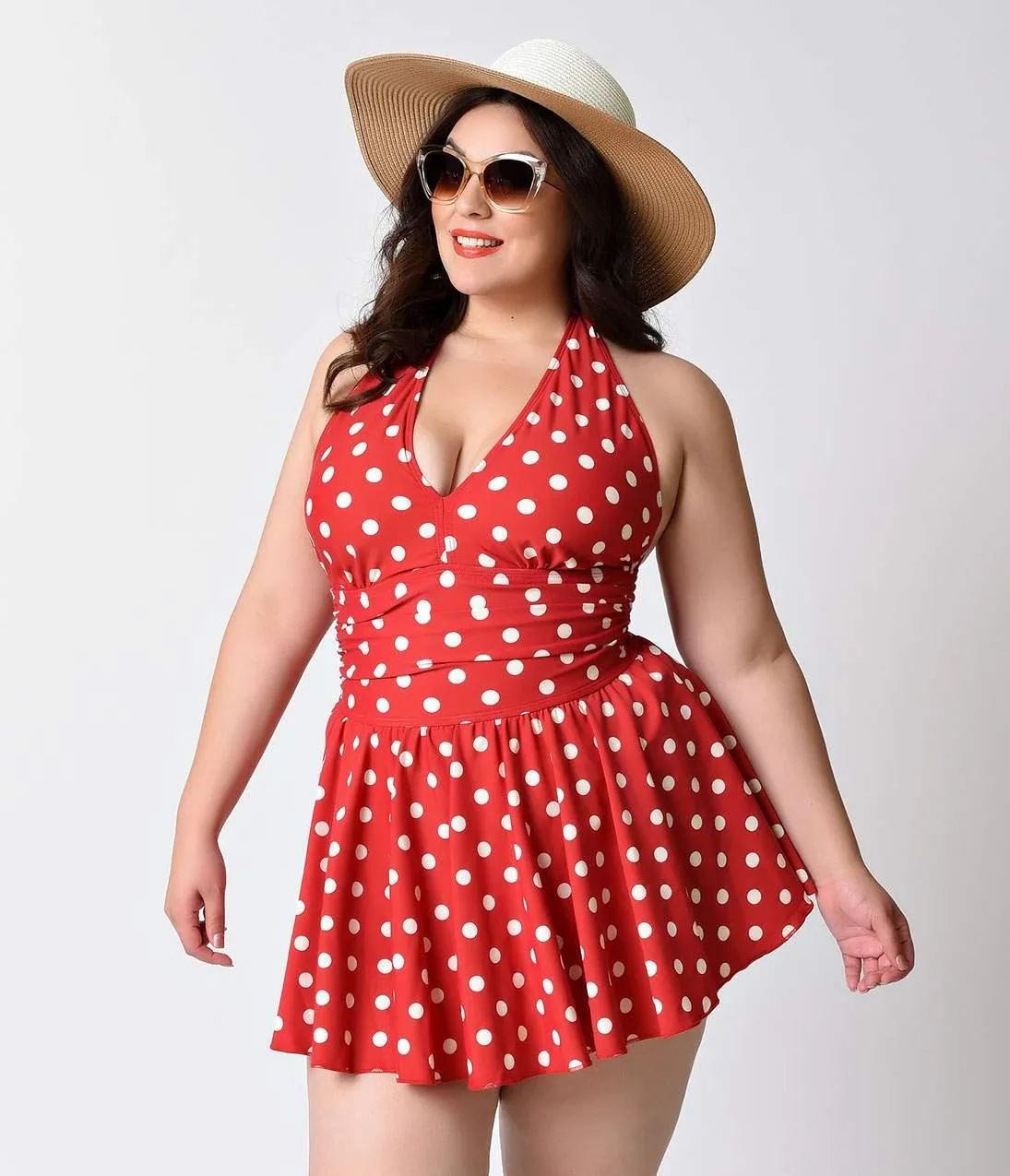 Plus Size Esther Williams Red & White Dot Marilyn Halter Swimdress sold by Unique Vintage
