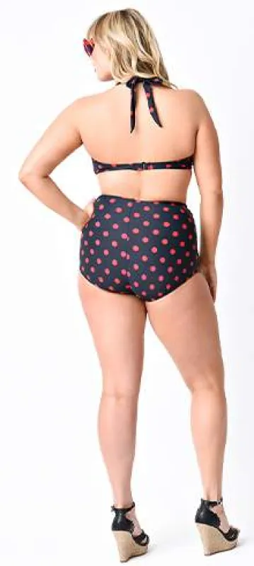 Esther Williams Plus Size Retro Black & Red Dot High Waist Swim Bottoms sold by Unique Vintage
