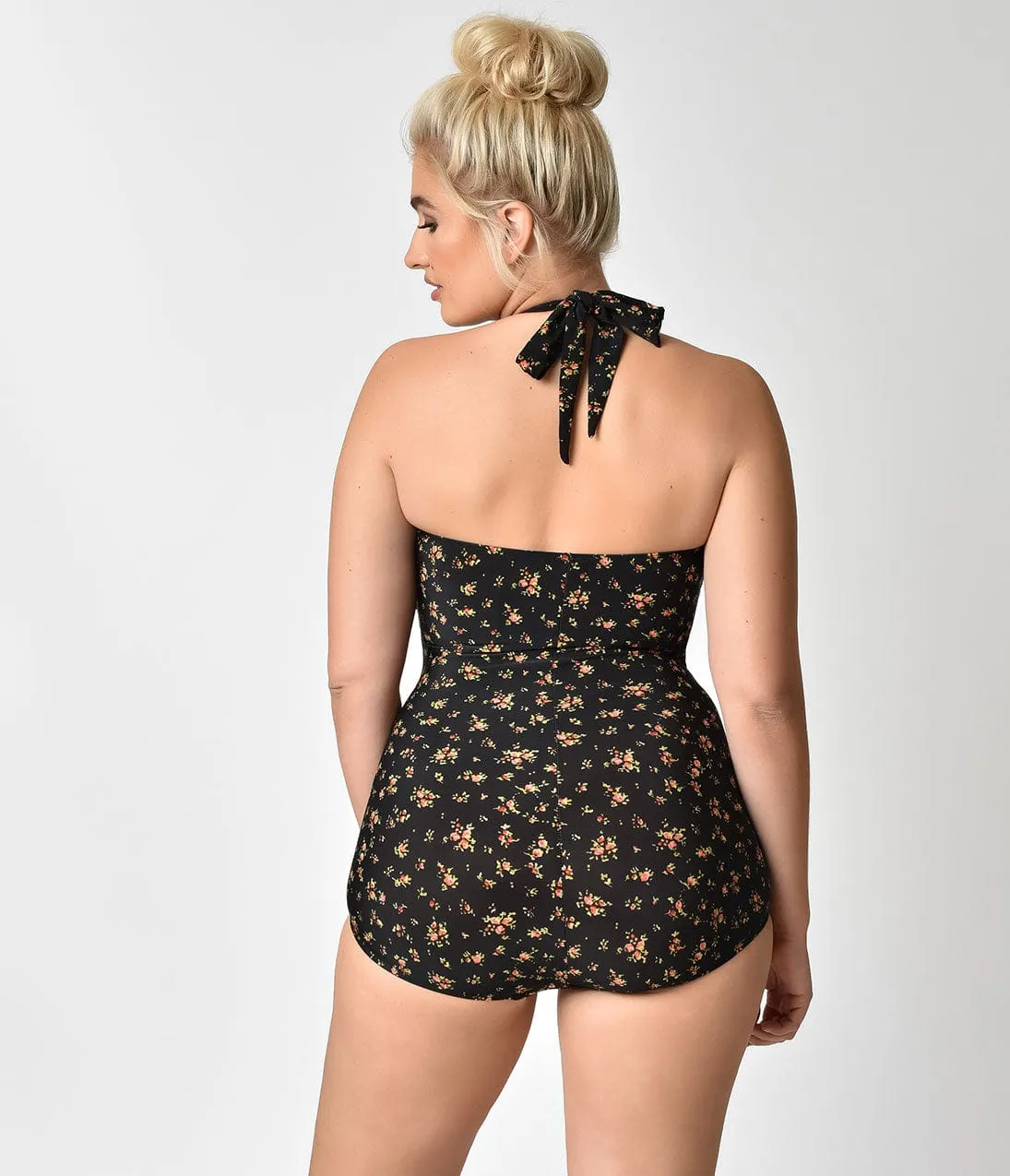 Esther Williams Plus Size Vintage Black Floral Halter Swimsuit sold by Unique Vintage product image thumbnail 2