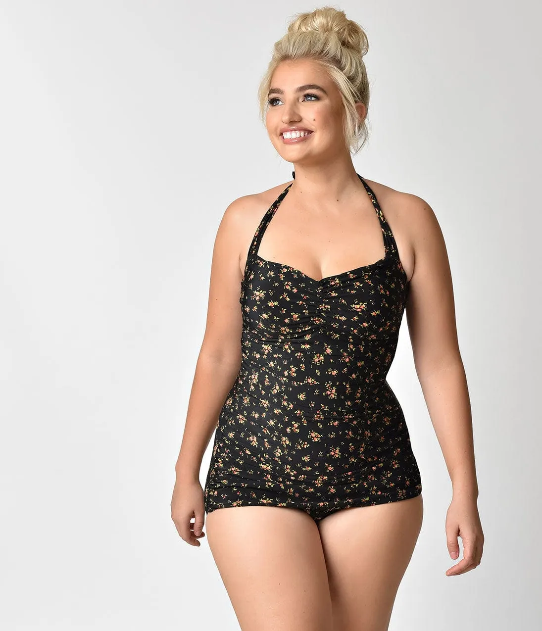 Esther Williams Plus Size Vintage Black Floral Halter Swimsuit sold by Unique Vintage product image thumbnail 3