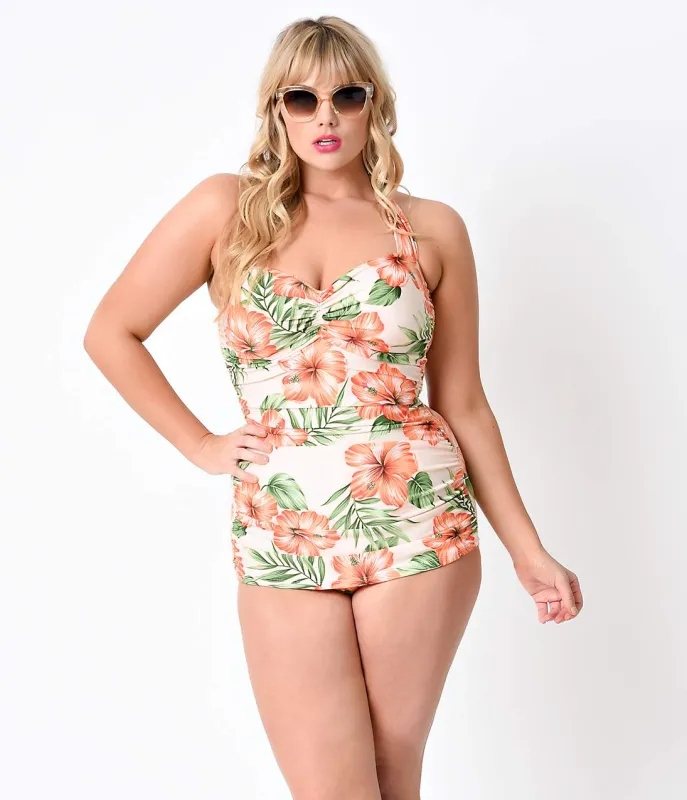Esther Williams Plus Size Peach Hibiscus Sheath Swimsuit sold by Unique Vintage