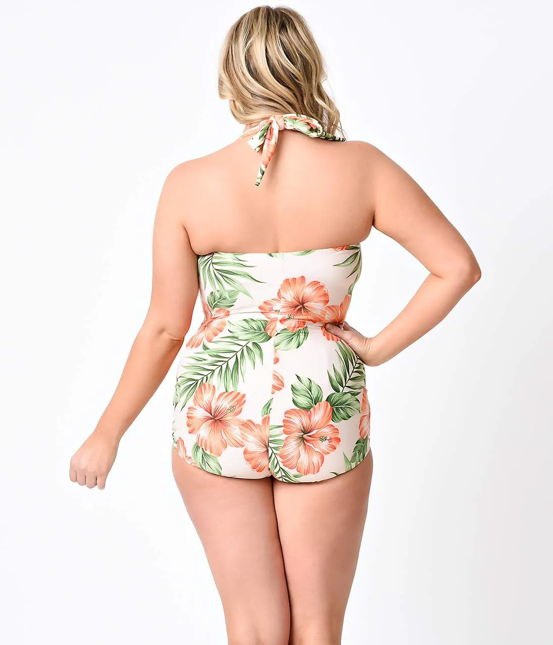 Esther Williams Plus Size Peach Hibiscus Sheath Swimsuit sold by Unique Vintage product image thumbnail 2