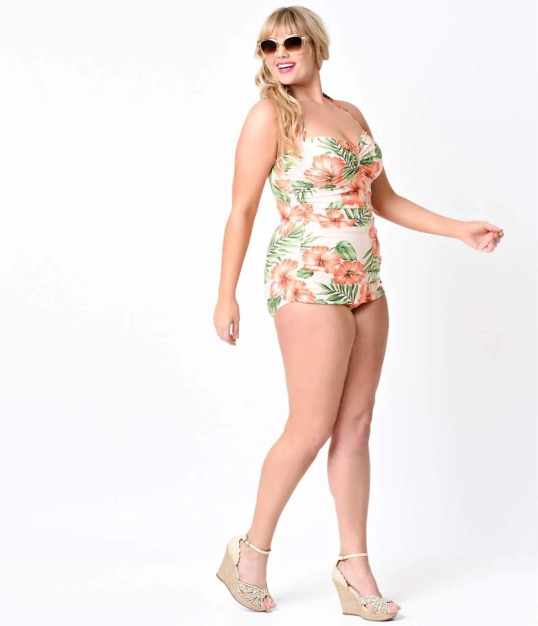 Esther Williams Plus Size Peach Hibiscus Sheath Swimsuit sold by Unique Vintage product image thumbnail 3