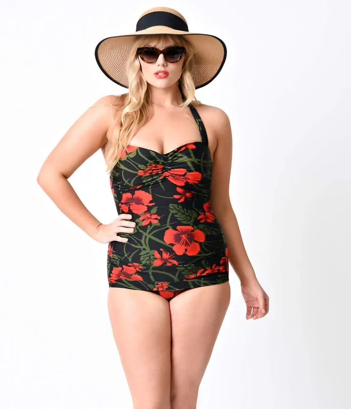 Esther Williams Plus Size 1950s Pin Up Black & Floral Rouge Swimsuit sold by Unique Vintage
