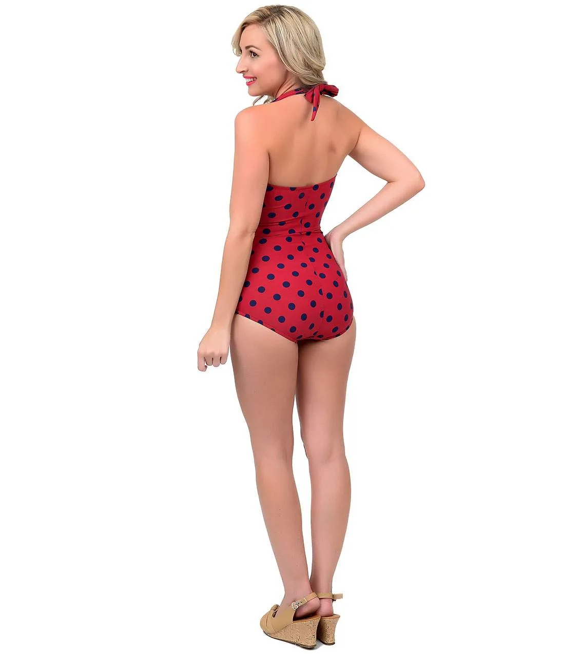 Esther Williams 1950s Pin Up Burgundy & Navy Polka Dot Sheath Halter Swimsuit sold by Unique Vintage product image thumbnail 5