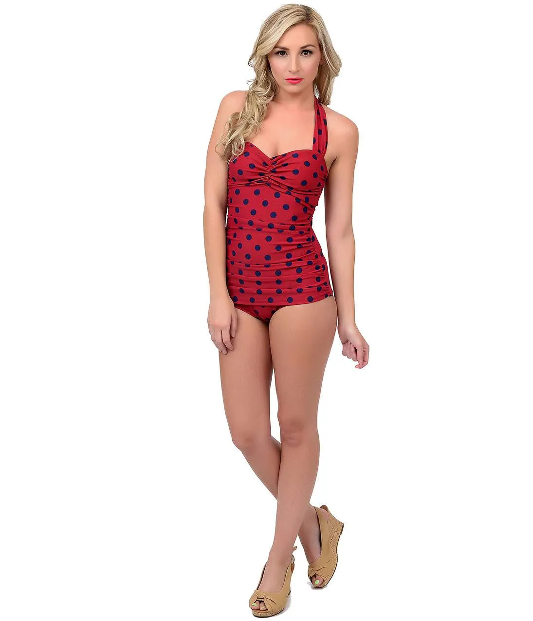 Esther Williams 1950s Pin Up Burgundy & Navy Polka Dot Sheath Halter Swimsuit sold by Unique Vintage product image thumbnail 3