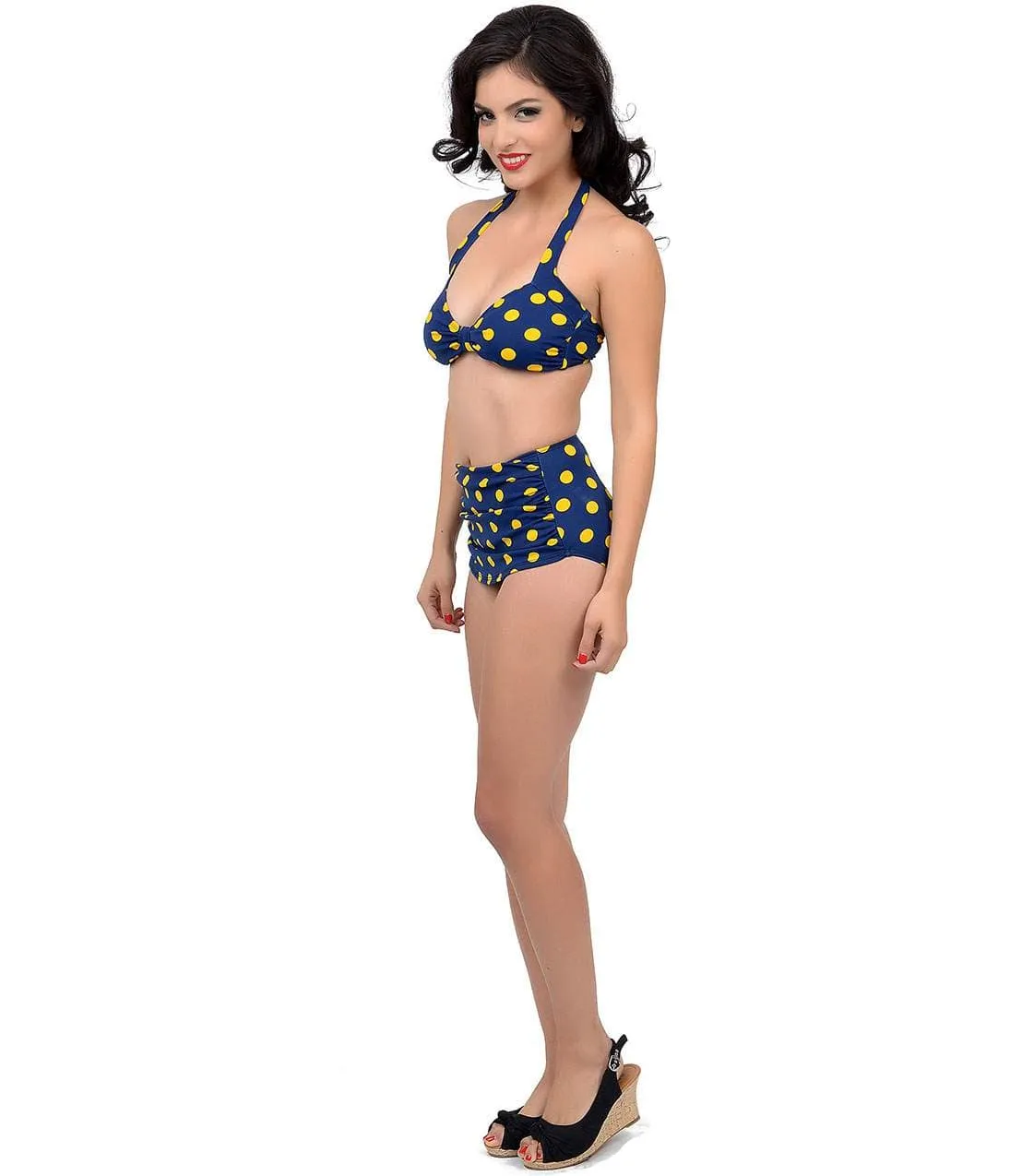 Esther Williams 1950s Style Navy & Yellow Dotted Two Piece Swimsuit sold by Unique Vintage product image thumbnail 4