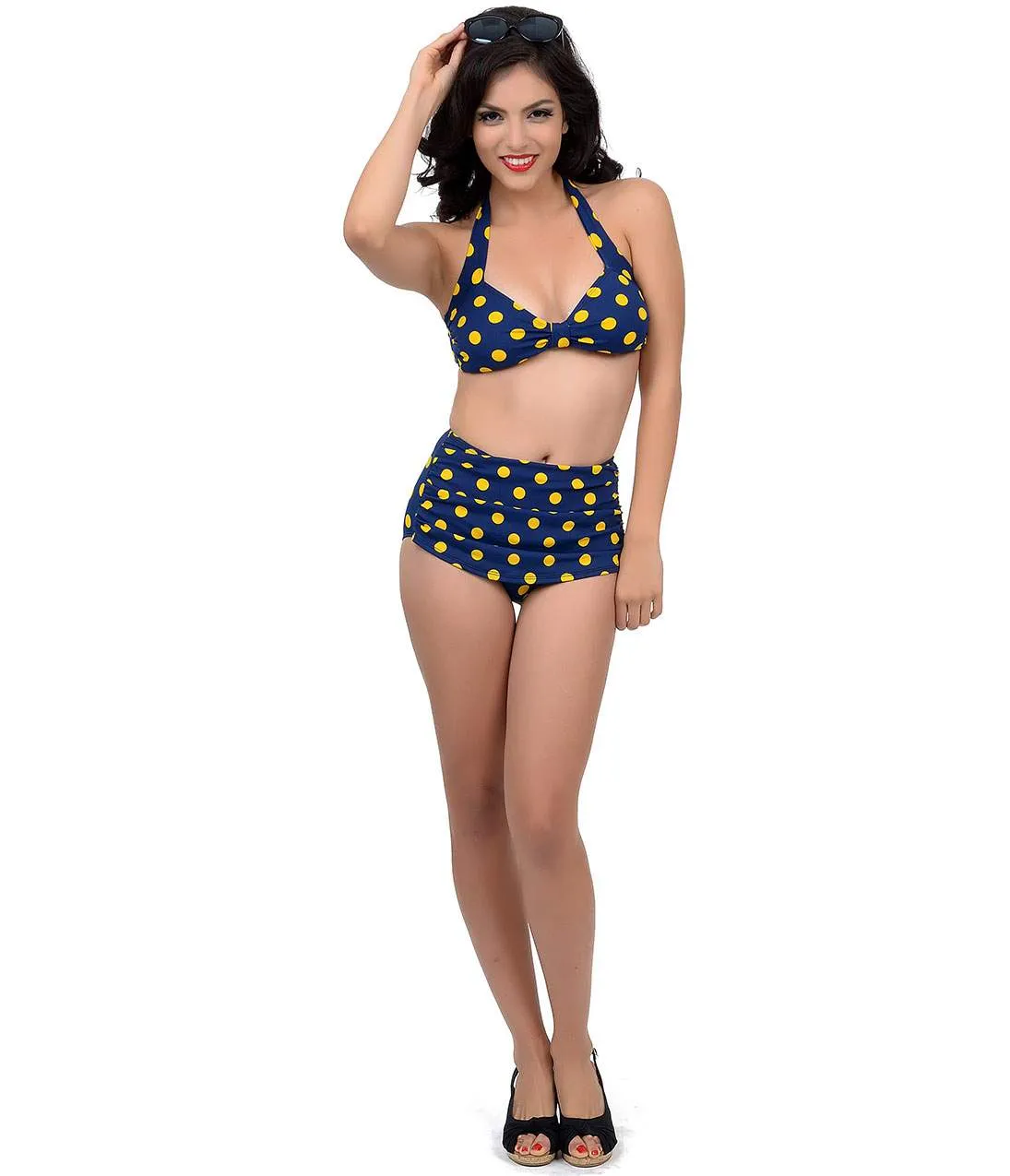 Esther Williams 1950s Style Navy & Yellow Dotted Two Piece Swimsuit sold by Unique Vintage product image thumbnail 2