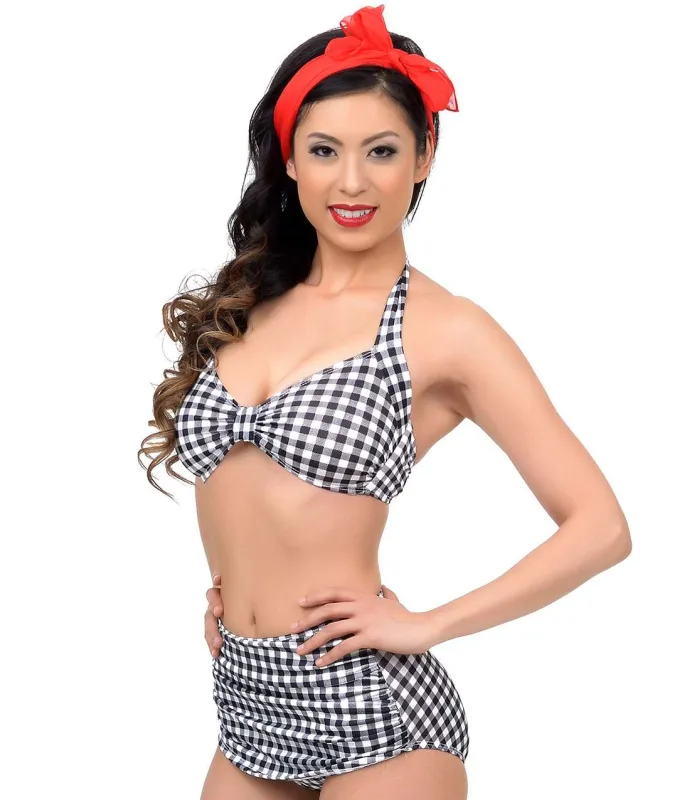 Esther Williams 1950s Style Black & White Gingham Two Piece Swimsuit made by Unique Vintage