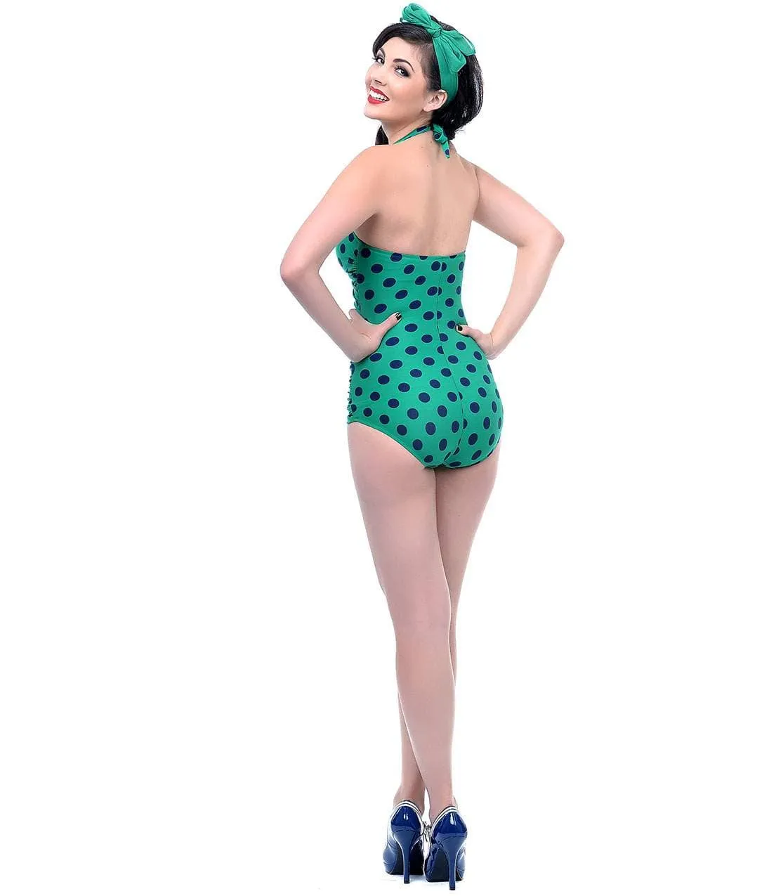 Esther Williams Vintage 1950s Style Pin Up Green & Navy Polka Dot Swimsuit sold by Unique Vintage product image thumbnail 4