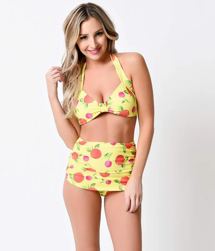 Esther Williams 1950s Pin Up Yellow Delicious Retro Halter Swim Top sold by Unique Vintage