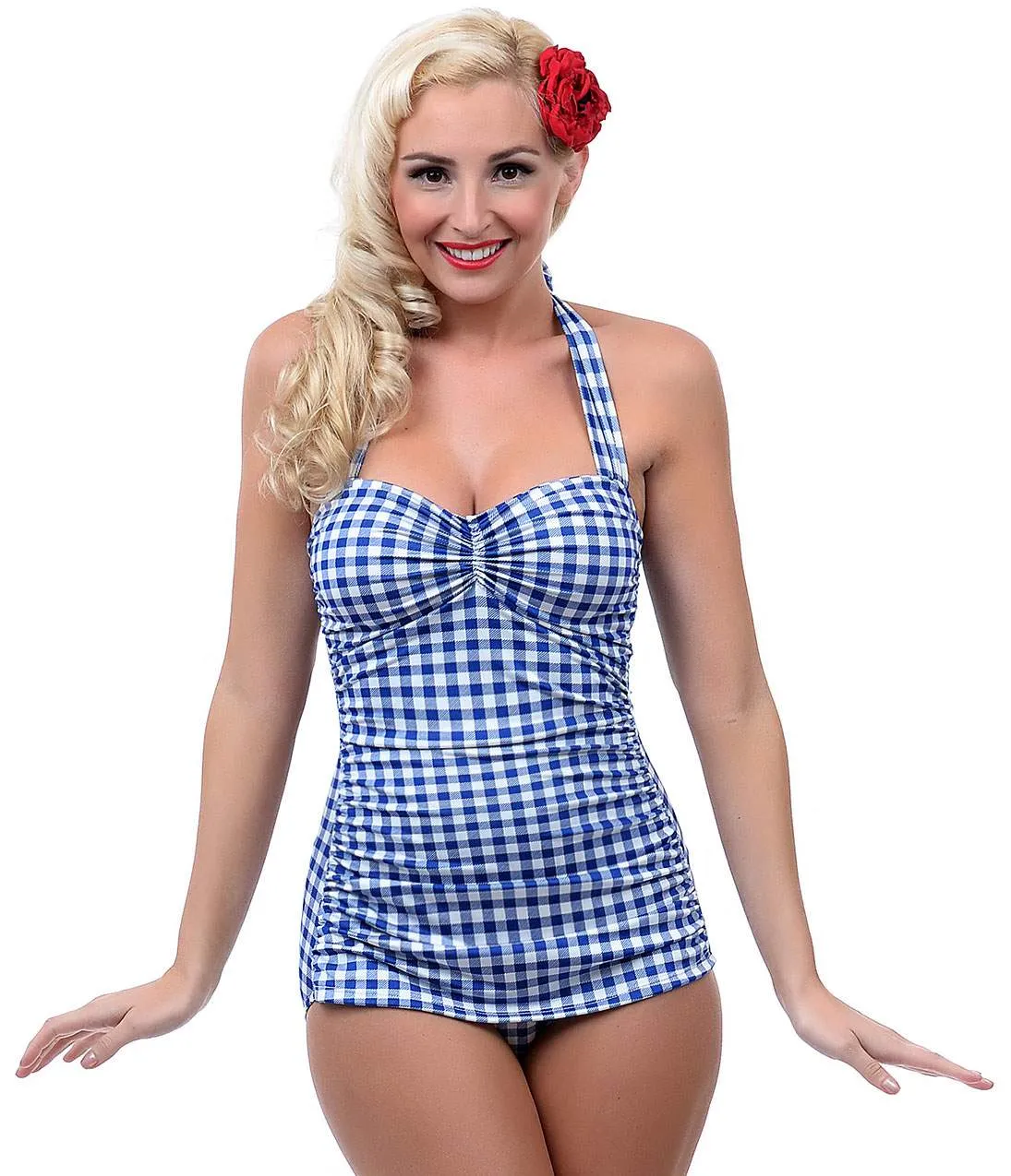 Esther Williams 1950s Style Royal Blue & White Gingham One Piece Swimsuit sold by Unique Vintage