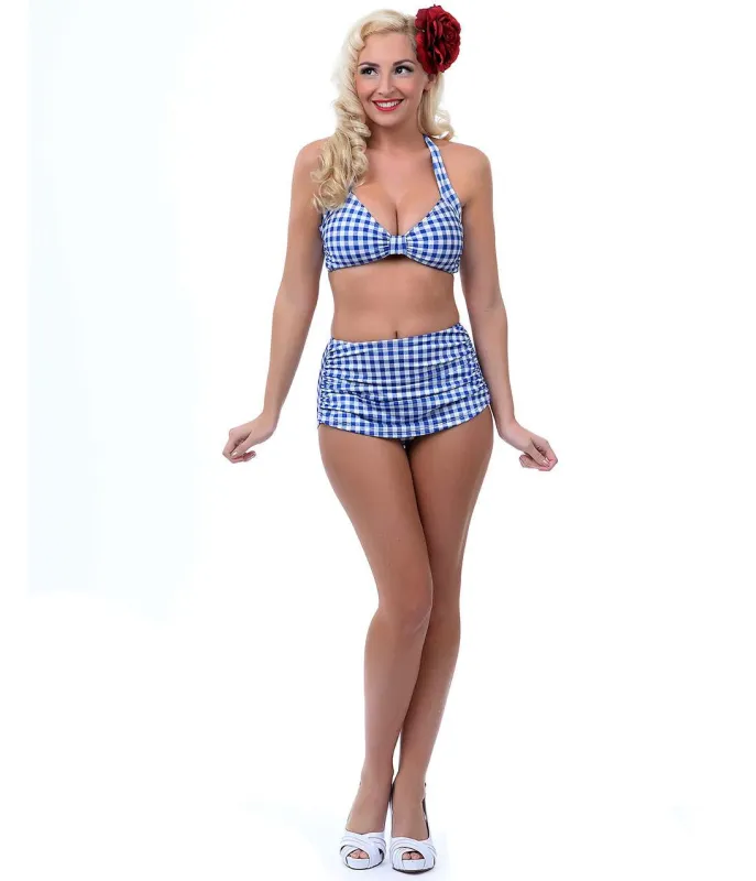 Esther Williams 1950s Style Royal Blue & White Gingham Two Piece Swimsuit made by Unique Vintage