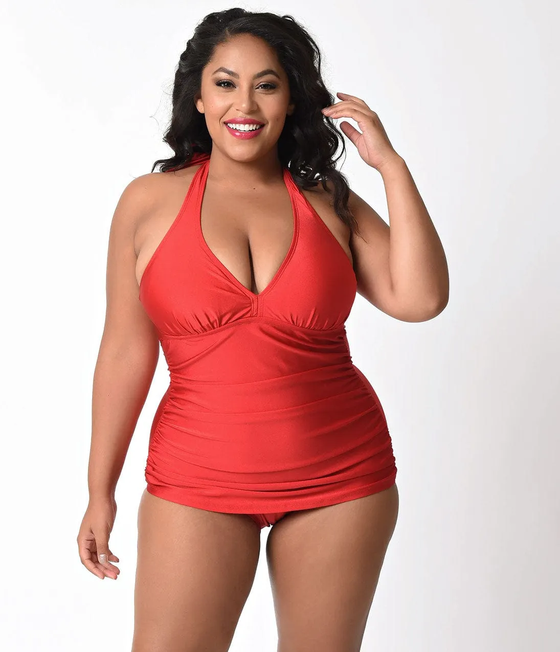 Bettie Page Plus Size Retro Red Halter Top Ruched One Piece Swimsuit sold by Unique Vintage product image thumbnail 5