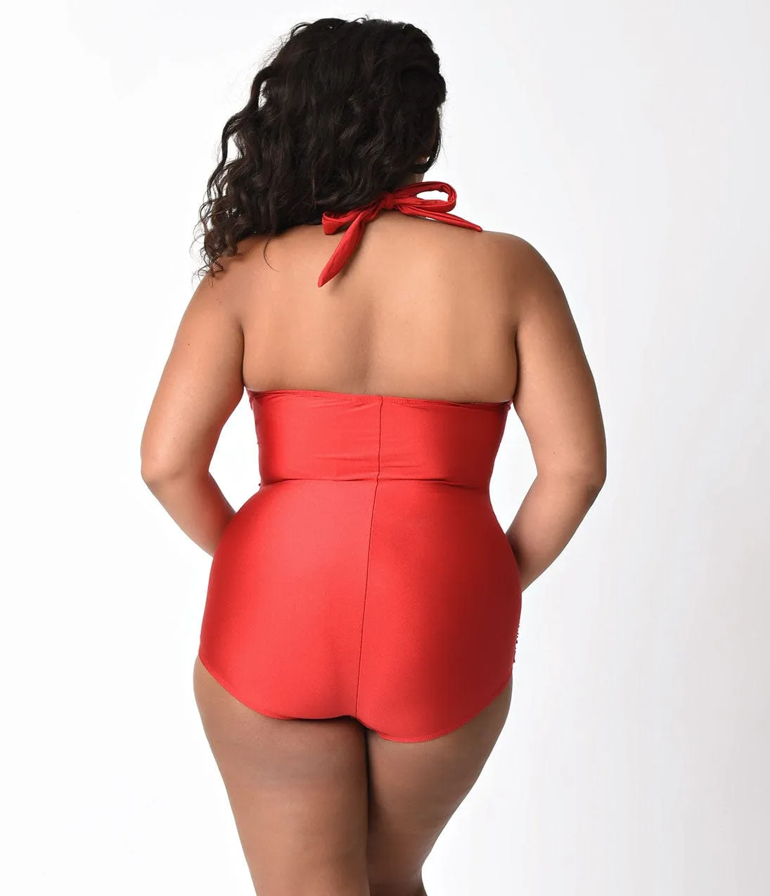 Bettie Page Plus Size Retro Red Halter Top Ruched One Piece Swimsuit sold by Unique Vintage product image thumbnail 2