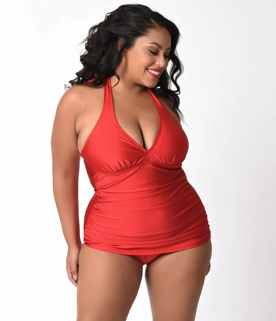 Bettie Page Plus Size Retro Red Halter Top Ruched One Piece Swimsuit sold by Unique Vintage product image thumbnail 4