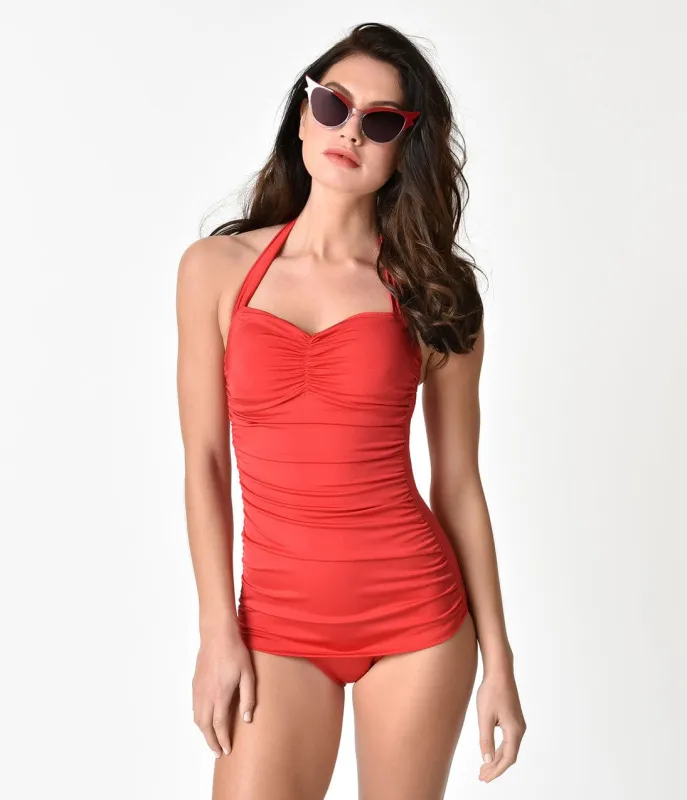 Esther Williams Vintage Inspired 1950s Style Solid Red Swimsuit sold by Unique Vintage