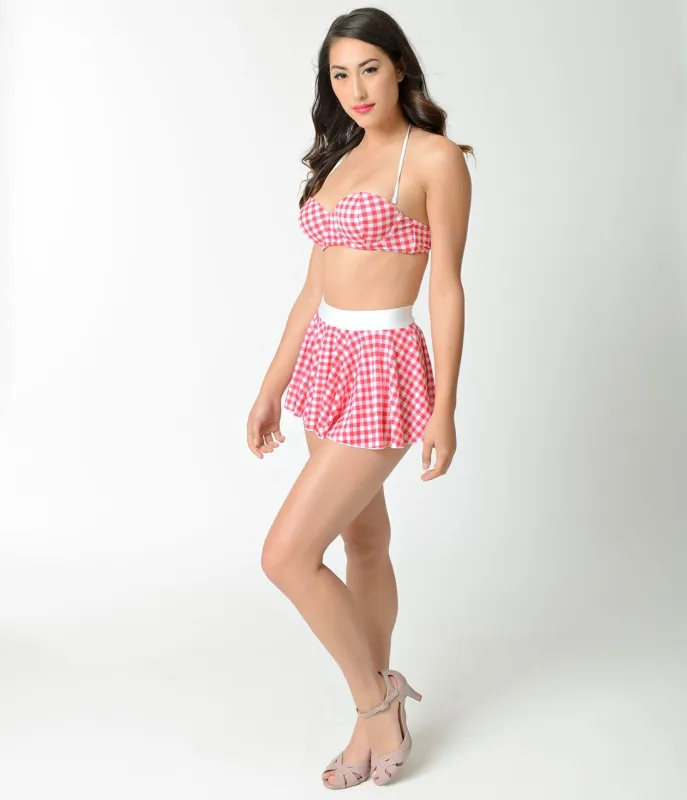 Bettie Page 1950s Pin-Up Red & White Gingham High Waist Swim Skirt made by Bettie Page