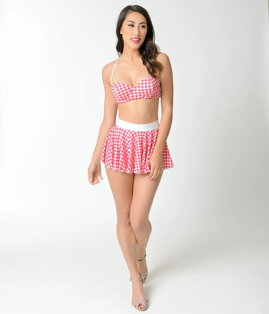 Bettie Page 1950s Pin-Up Red & White Gingham High Waist Swim Skirt sold by Unique Vintage product image thumbnail 5