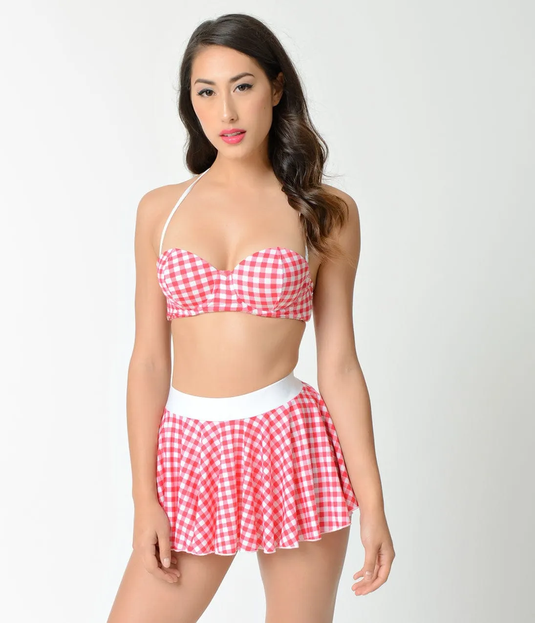 Bettie Page 1950s Pin-Up Red & White Gingham High Waist Swim Skirt sold by Unique Vintage product image thumbnail 3