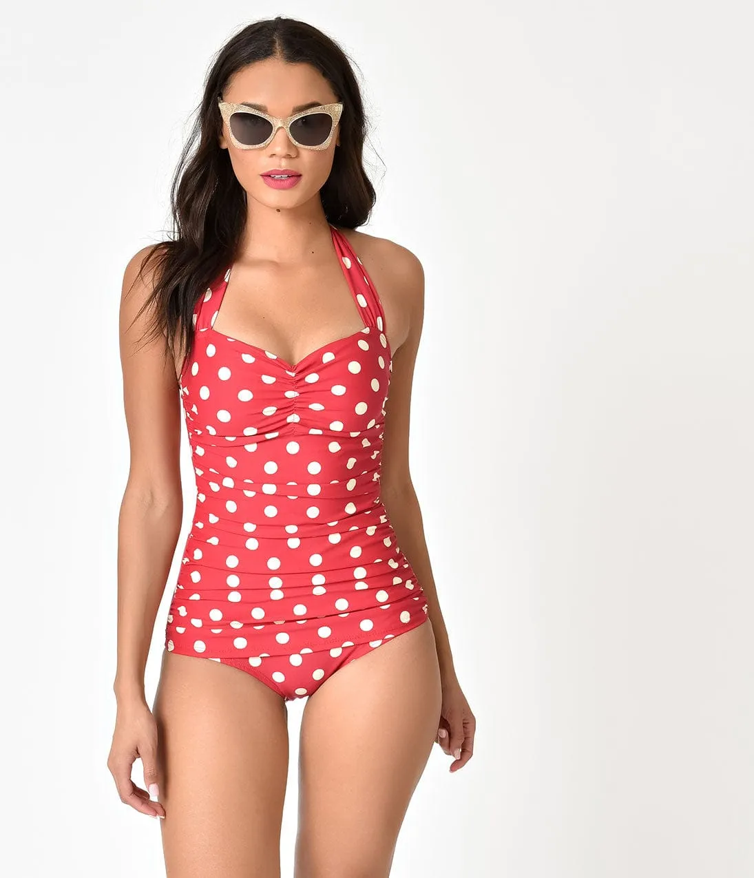 Esther Williams Vintage Inspired 1950s Style Red & White Polka Dot Swimsuit sold by Unique Vintage product image thumbnail 4