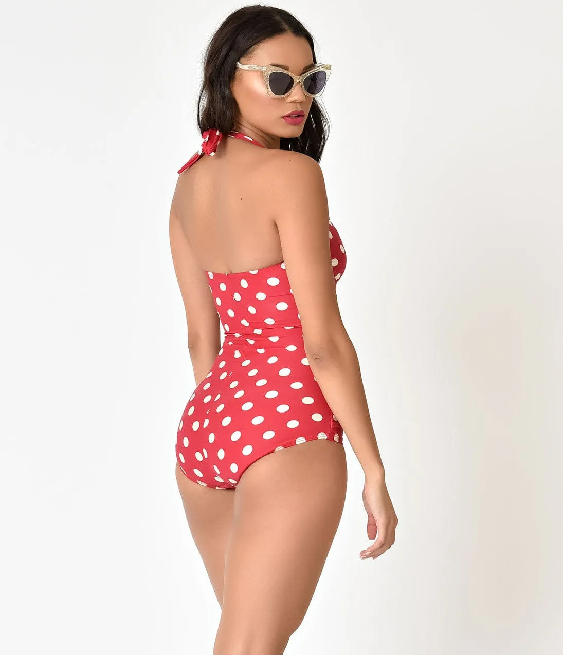 Esther Williams Vintage Inspired 1950s Style Red & White Polka Dot Swimsuit sold by Unique Vintage product image thumbnail 2