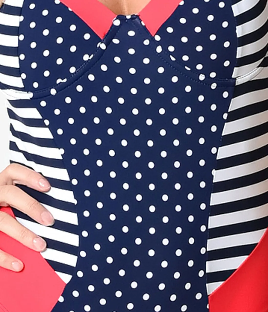 Retro Style Hot Coral & Navy Stripe & Dot Colorblock One Piece Swimsuit sold by Unique Vintage product image thumbnail 2