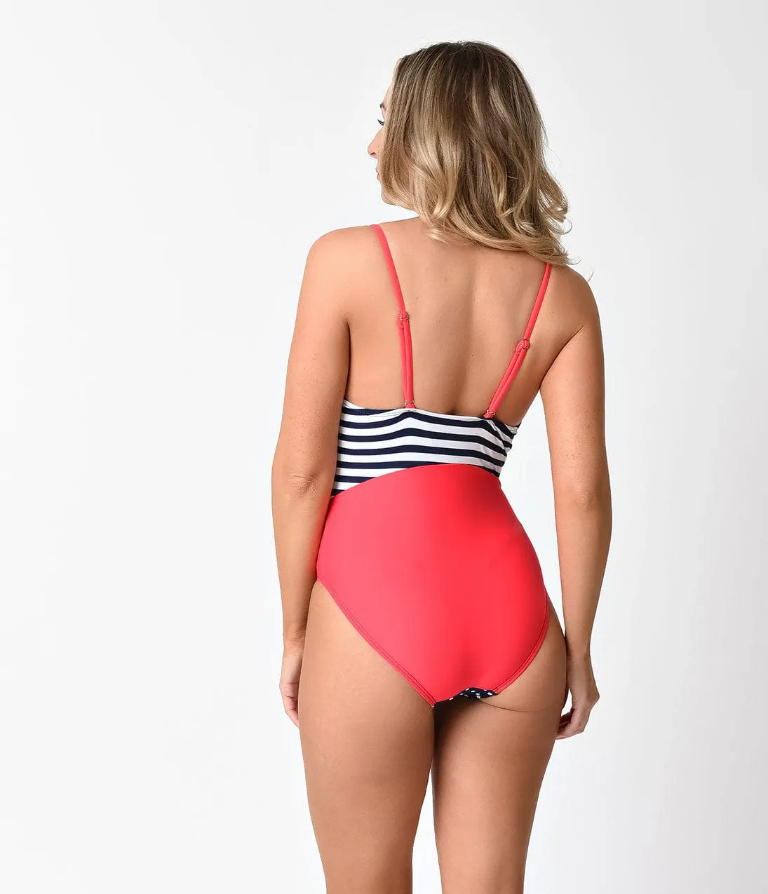 Retro Style Hot Coral & Navy Stripe & Dot Colorblock One Piece Swimsuit sold by Unique Vintage product image thumbnail 3