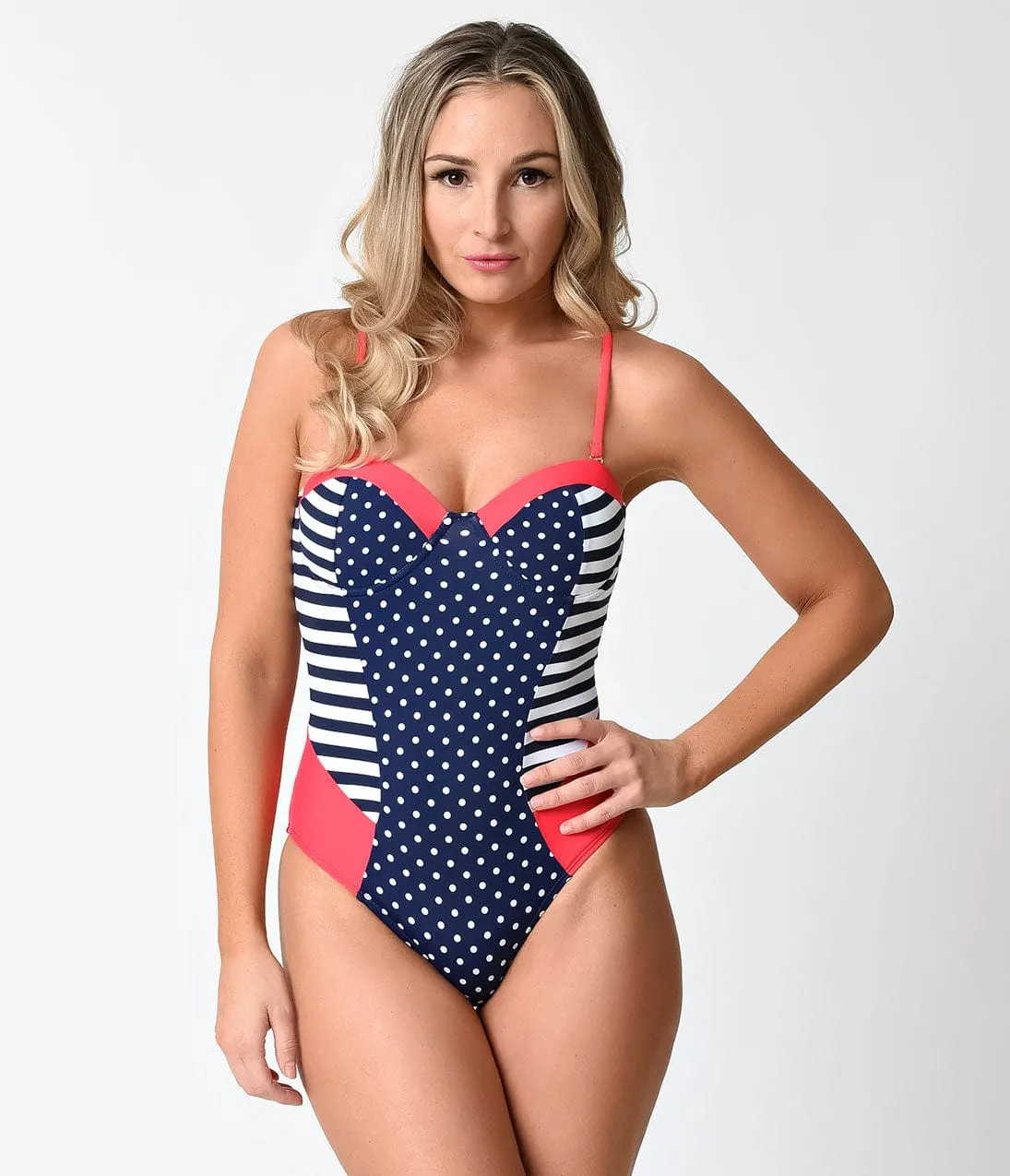 Retro Style Hot Coral & Navy Stripe & Dot Colorblock One Piece Swimsuit sold by Unique Vintage product image thumbnail 4