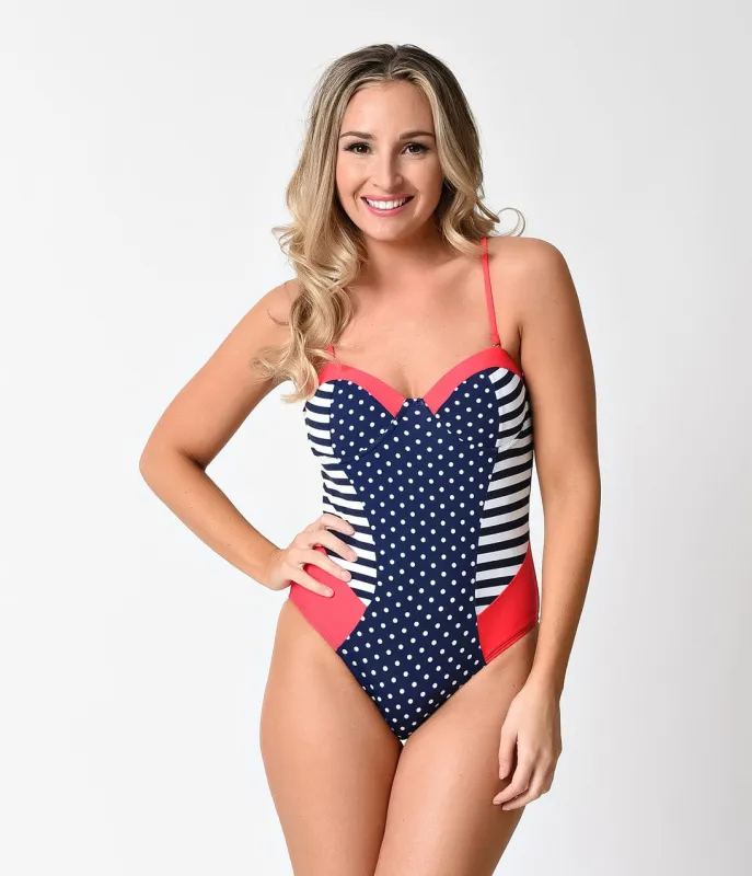 Retro Style Hot Coral & Navy Stripe & Dot Colorblock One Piece Swimsuit sold by Unique Vintage