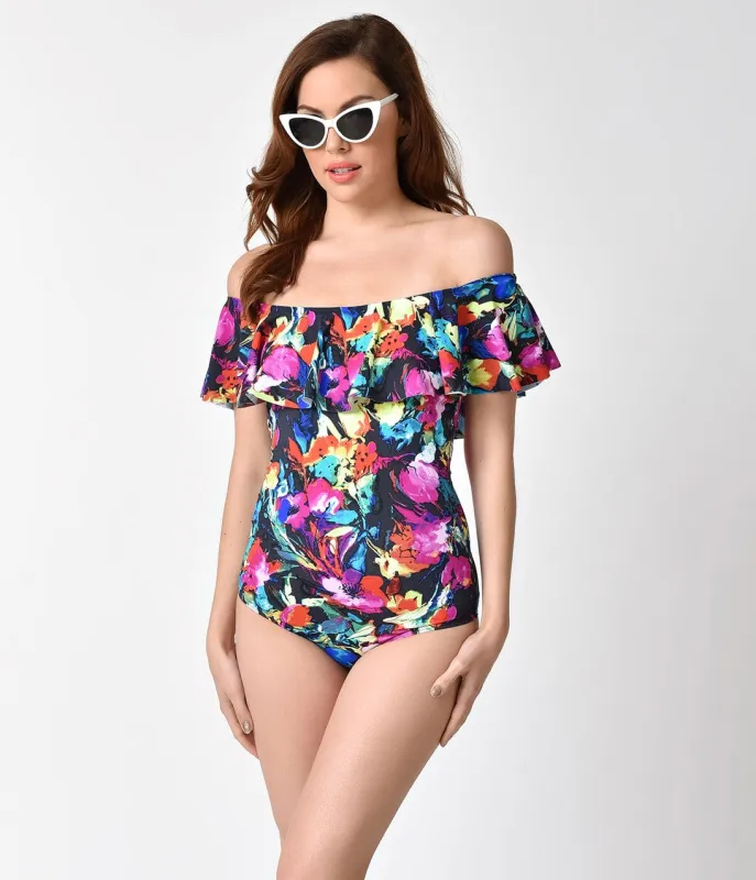 Vintage Style Multiple Floral Off Shoulder Draped One Piece Swimsuit sold by Unique Vintage