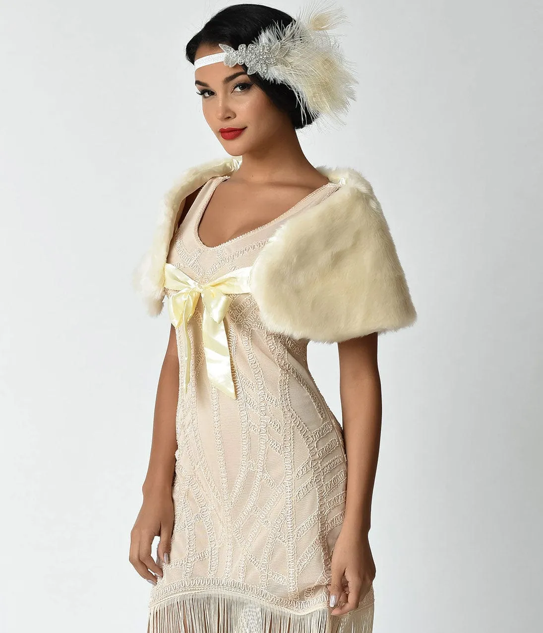 Unique Vintage Ivory Faux Fur Ribbon Tie Shrug sold by Unique Vintage product image thumbnail 4