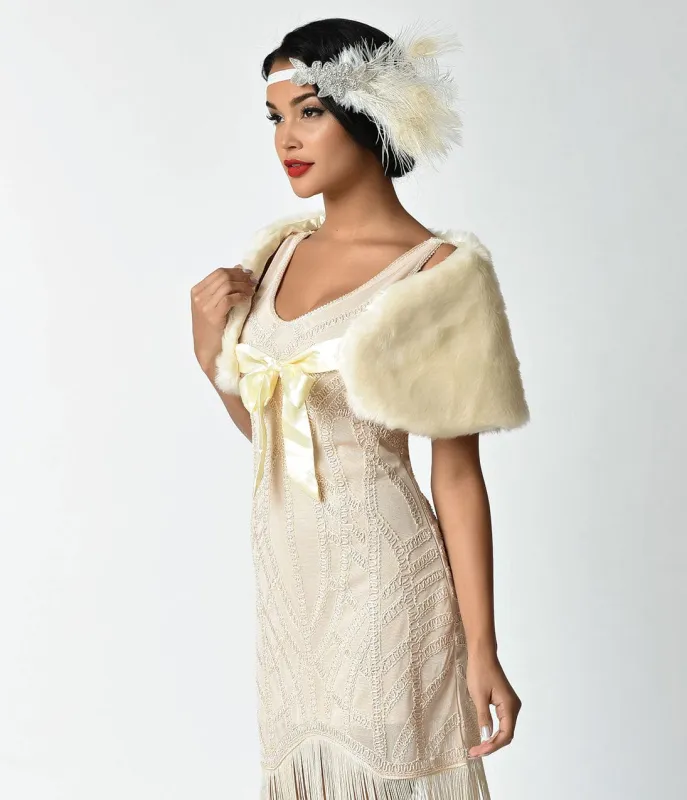 Unique Vintage Ivory Faux Fur Ribbon Tie Shrug made by Unique Vintage