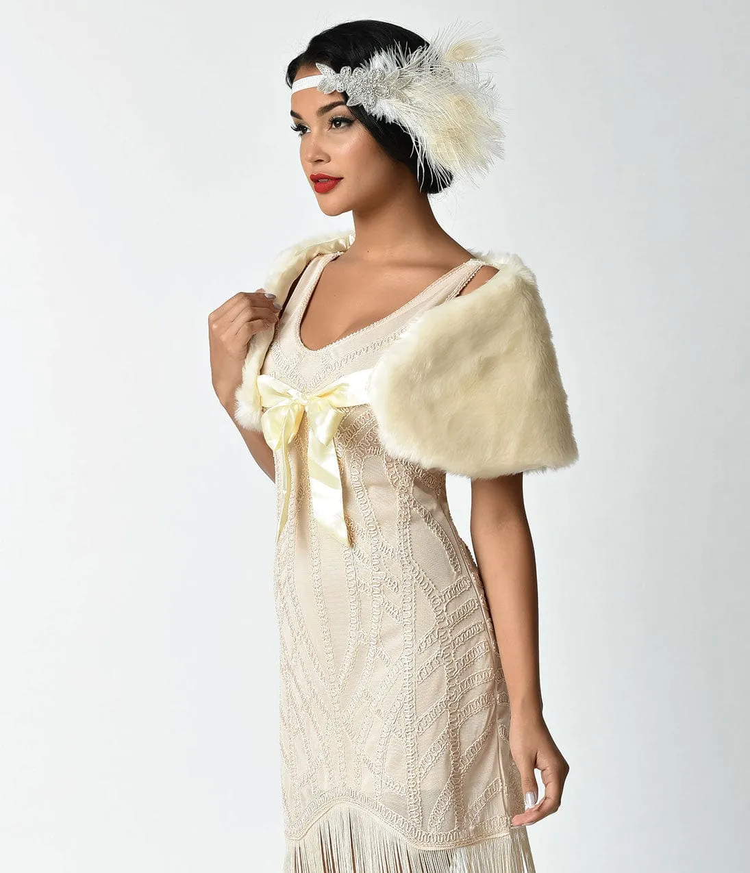 Unique Vintage Ivory Faux Fur Ribbon Tie Shrug sold by Unique Vintage