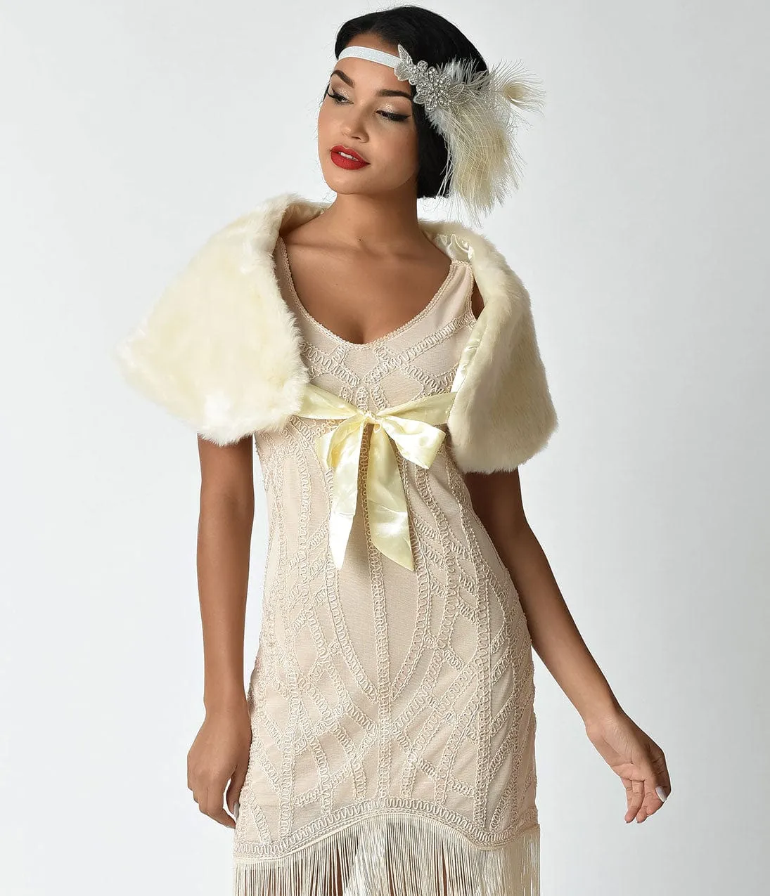 Unique Vintage Ivory Faux Fur Ribbon Tie Shrug sold by Unique Vintage product image thumbnail 5