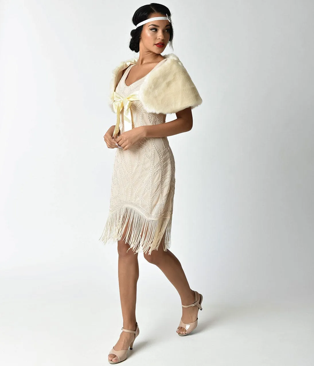 Unique Vintage Ivory Faux Fur Ribbon Tie Shrug sold by Unique Vintage product image thumbnail 3