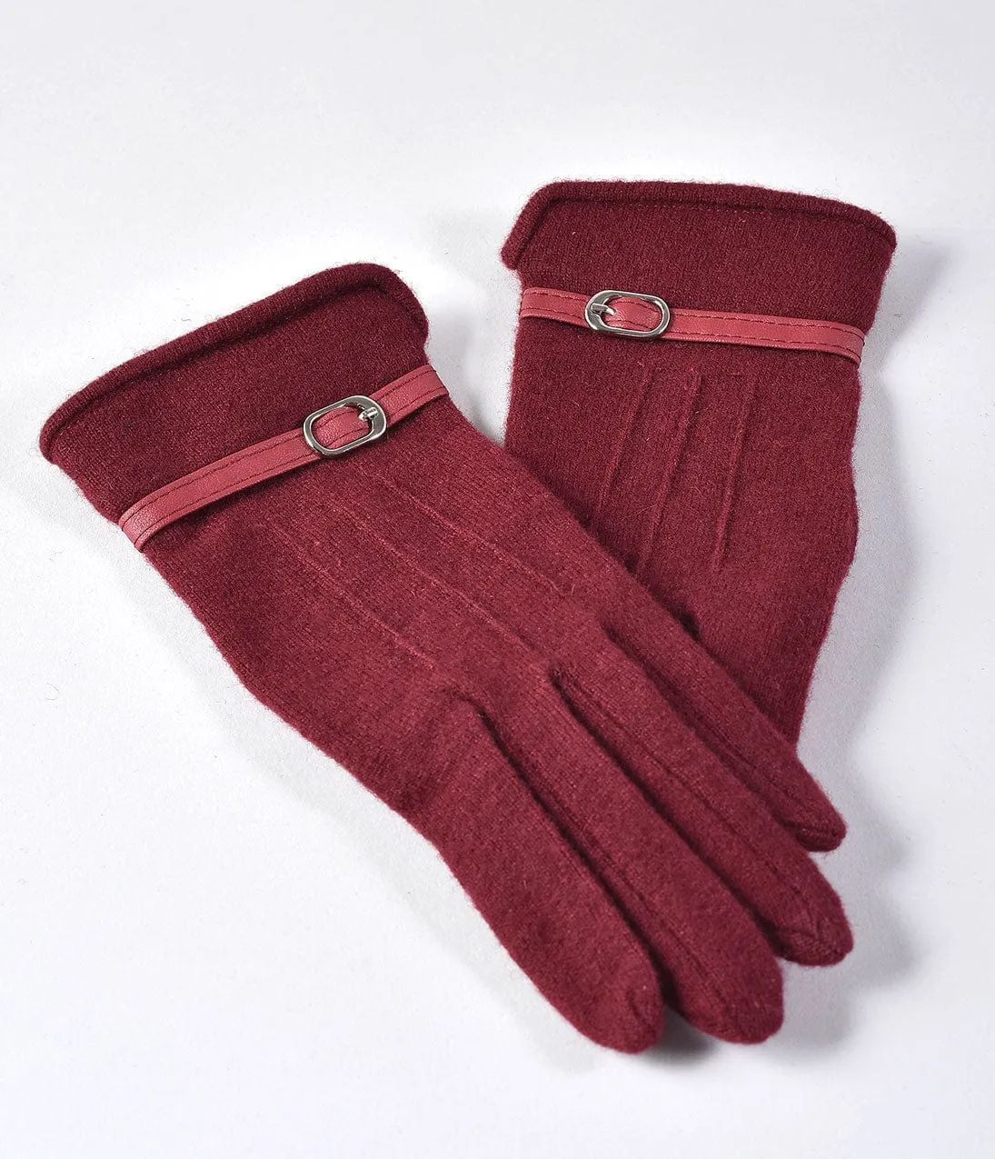 Unique Vintage Burgundy Wool Buckle Trim Wrist Gloves sold by Unique Vintage product image thumbnail 4