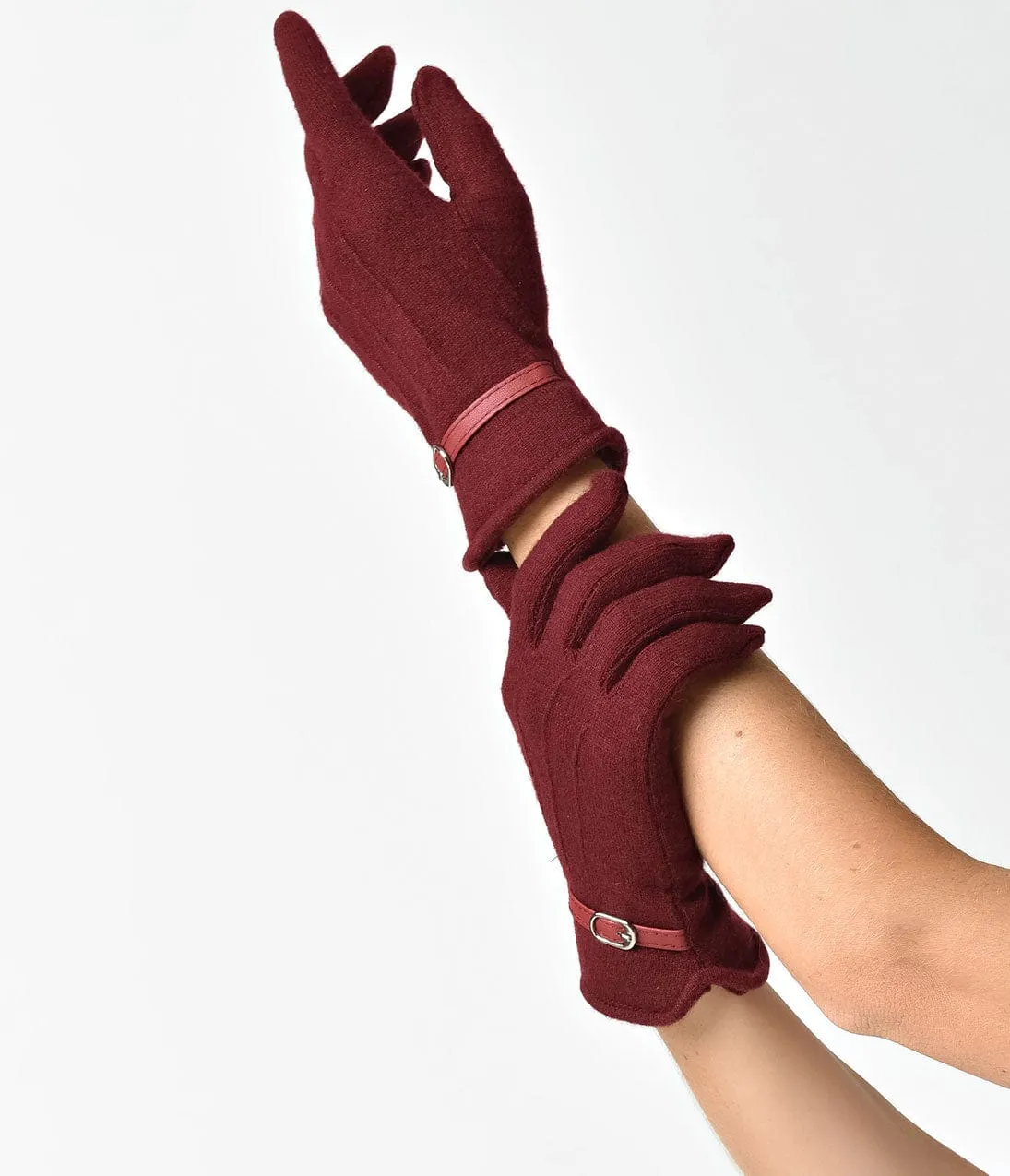 Unique Vintage Burgundy Wool Buckle Trim Wrist Gloves sold by Unique Vintage