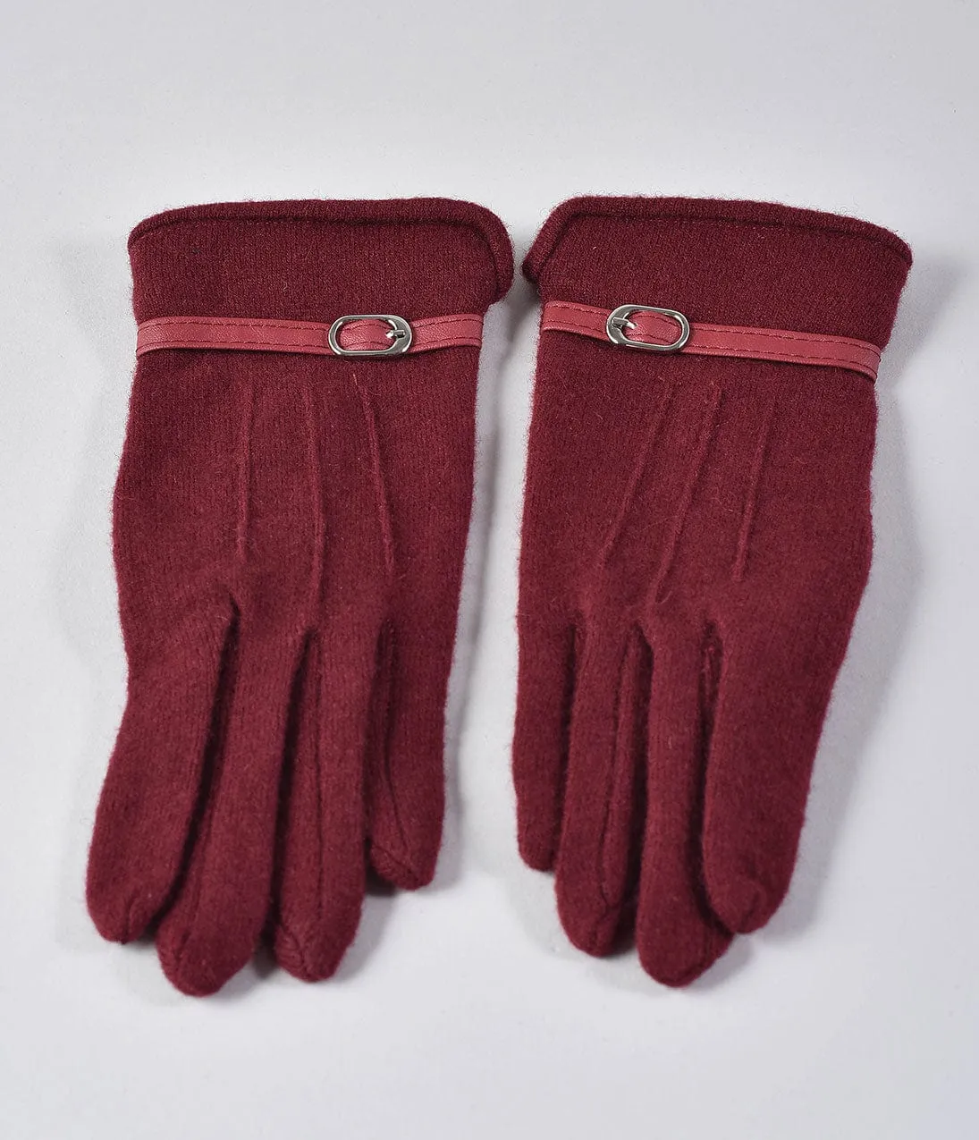 Unique Vintage Burgundy Wool Buckle Trim Wrist Gloves sold by Unique Vintage product image thumbnail 3