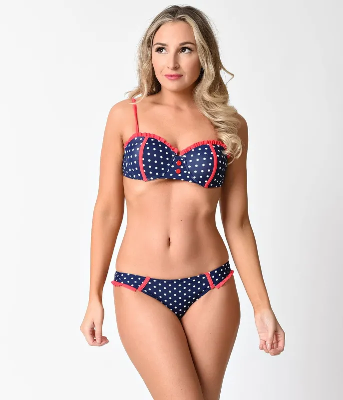 Retro Style Navy & White Dot & Neon Ruffle Sweetheart Bikini sold by Unique Vintage