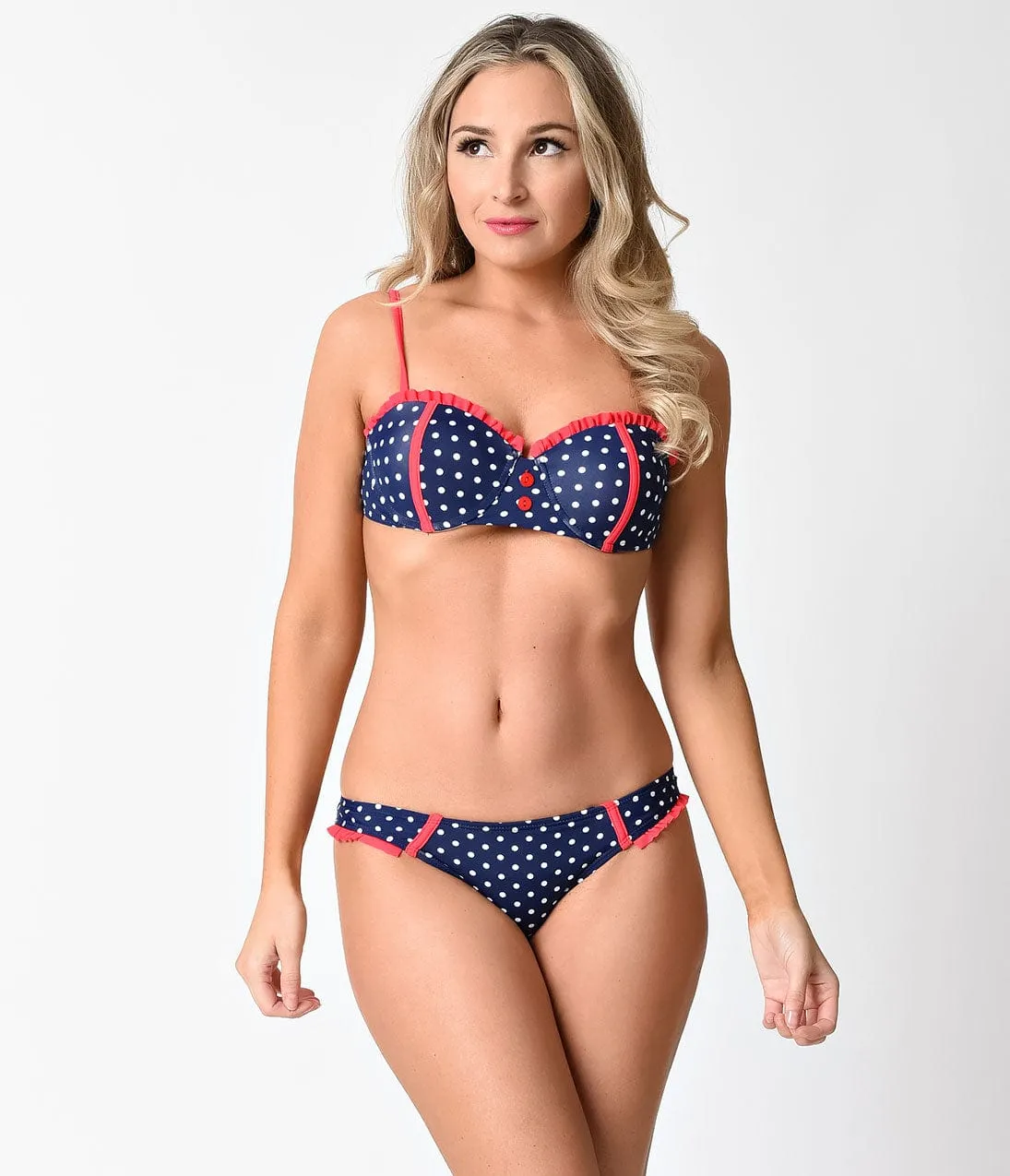 Retro Style Navy & White Dot & Neon Ruffle Sweetheart Bikini sold by Unique Vintage