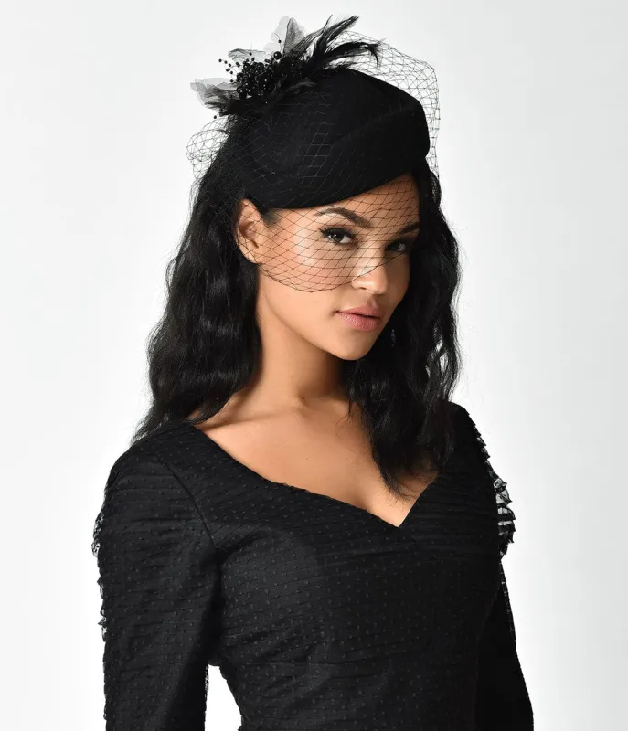 Unique Vintage Black Wool Hat & Feather Veil Fascinator sold by Unique Vintage