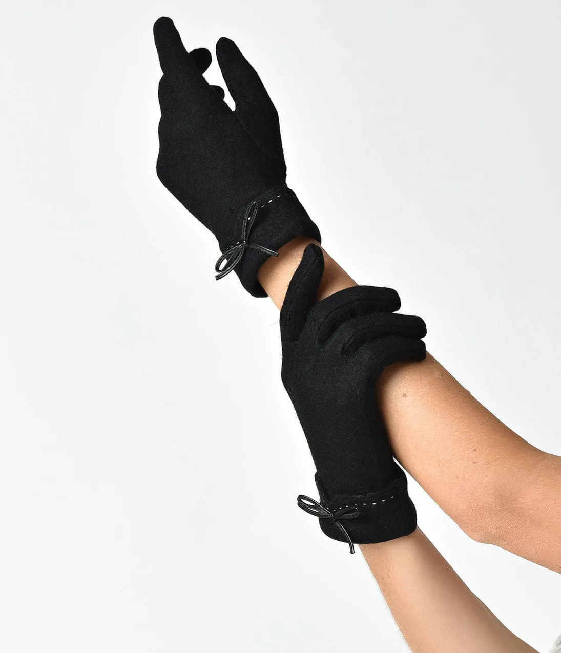 Unique Vintage Black Fleece Bow Trim Wrist Gloves sold by Unique Vintage