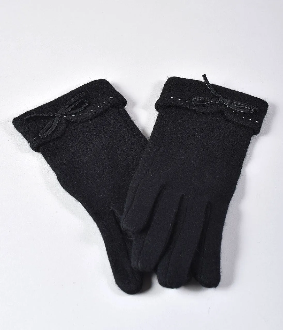 Unique Vintage Black Fleece Bow Trim Wrist Gloves sold by Unique Vintage product image thumbnail 2