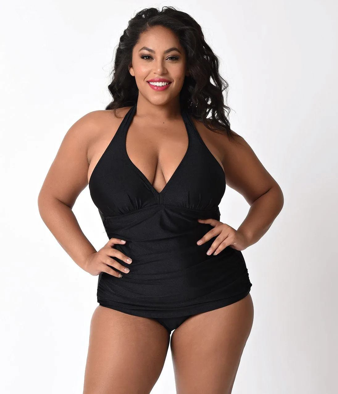 Bettie Page Plus Size Black Halter Top Ruched One Piece Swimsuit sold by Unique Vintage product image thumbnail 4