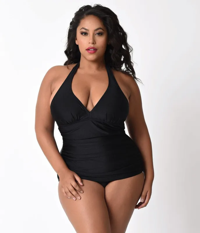 Bettie Page Plus Size Black Halter Top Ruched One Piece Swimsuit sold by Unique Vintage
