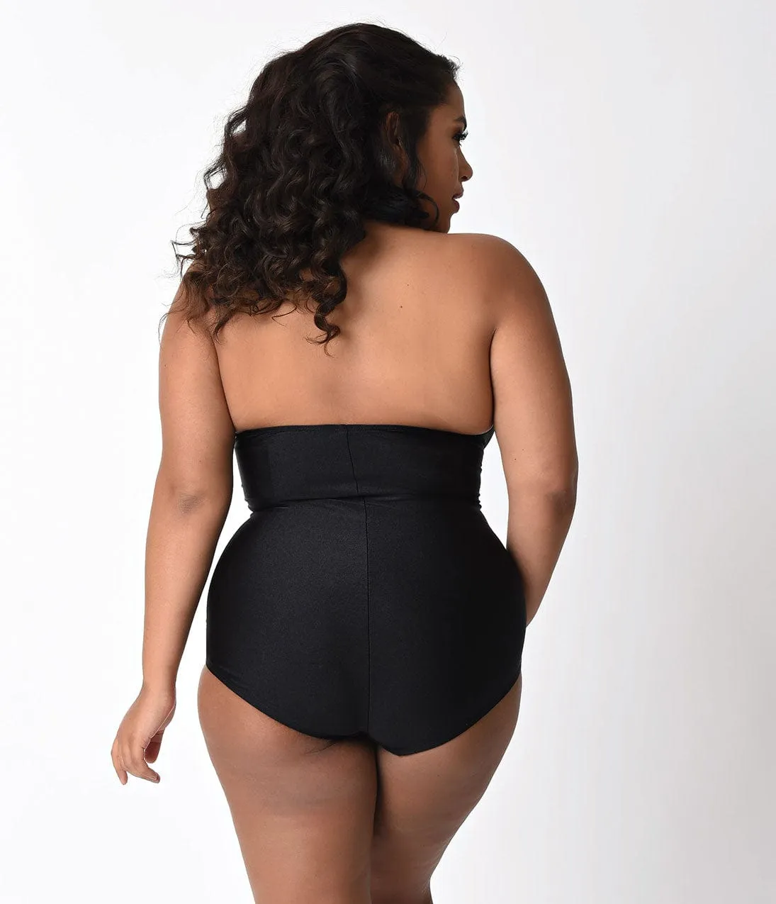 Bettie Page Plus Size Black Halter Top Ruched One Piece Swimsuit sold by Unique Vintage product image thumbnail 5