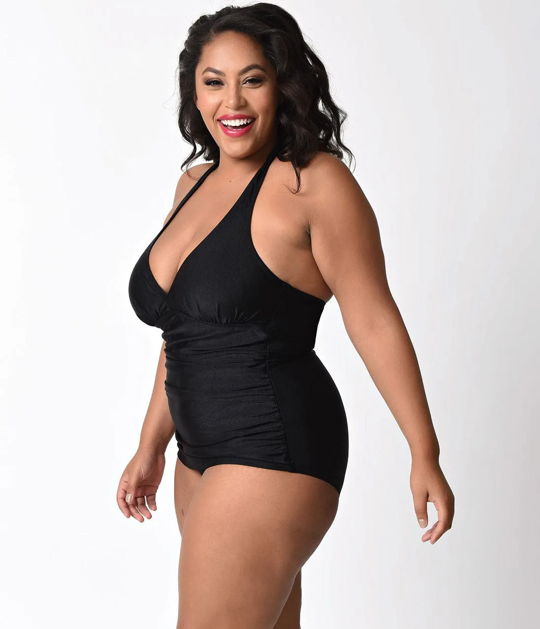 Bettie Page Plus Size Black Halter Top Ruched One Piece Swimsuit sold by Unique Vintage product image thumbnail 3