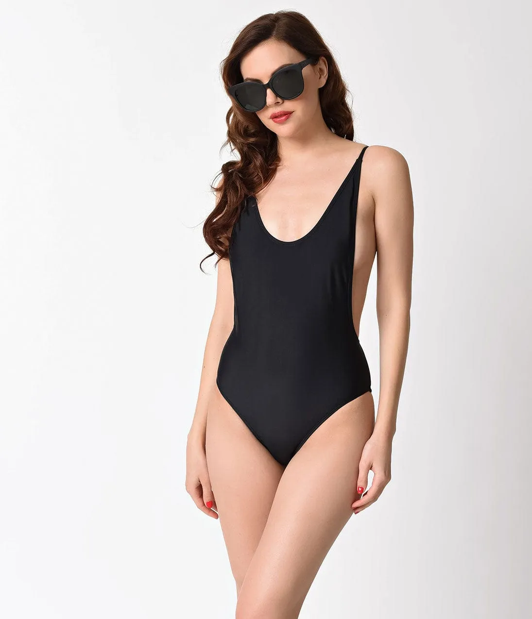 Pin Up Style Solid Black Tank Strap One Piece Swimsuit sold by Unique Vintage